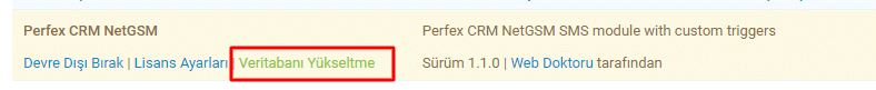 Perfex CRM NetGSM SMS modülü güncelleme işlemi veritabanı yükseltem işlemi